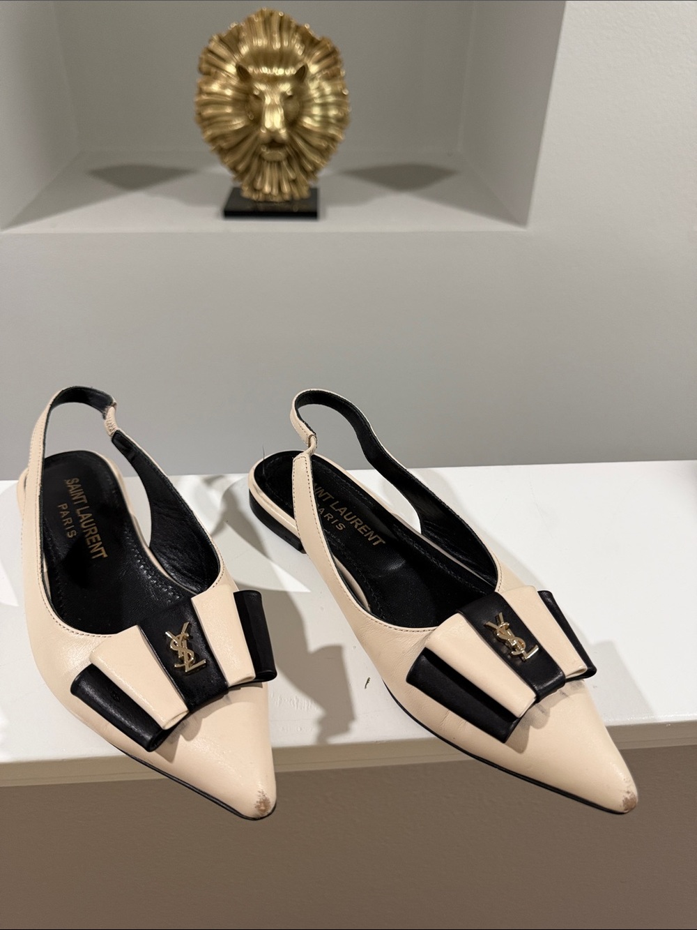 Saint Laurent Beige and Black Pointed Slingback Flats with Bow